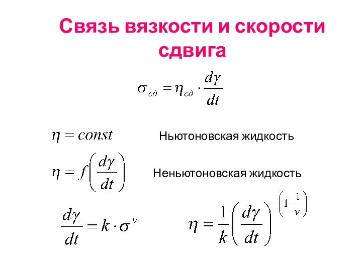 Связь вязкости и скорости сдвига Ньютоновская жидкость Неньютоновская жидкость