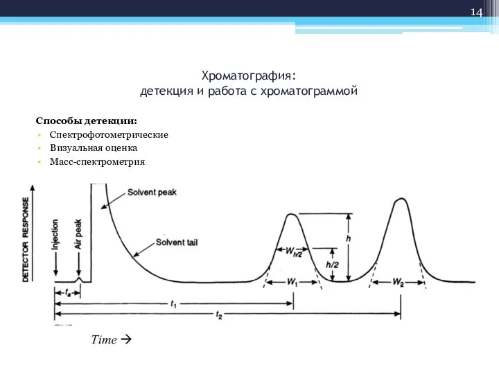 Хроматография: детекция и работа с хроматограммой Способы детекции: Спектрофотометрические Визуальная оценка Масс-спектрометрия