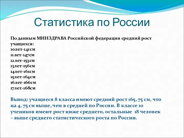 Статистика по России По данным МИНЗДРАВА Российской федерации средний рост учащихся: