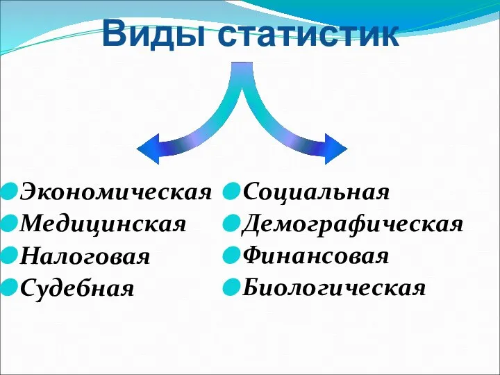 Экономическая Медицинская Налоговая Судебная Социальная Демографическая Финансовая Биологическая Виды статистик