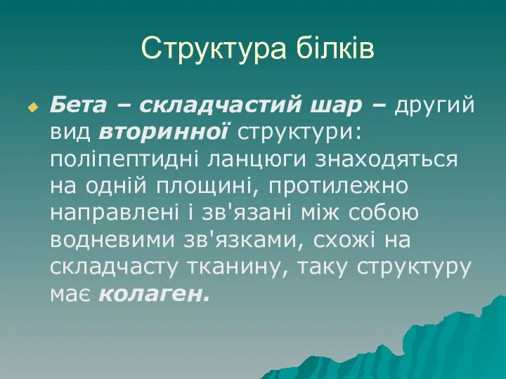 Структура білків Бета – складчастий шар – другий вид вторинної структури: