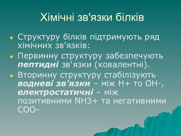 Хімічні зв'язки білків Структуру білків підтримують ряд хімічних зв'язків: Первинну структуру