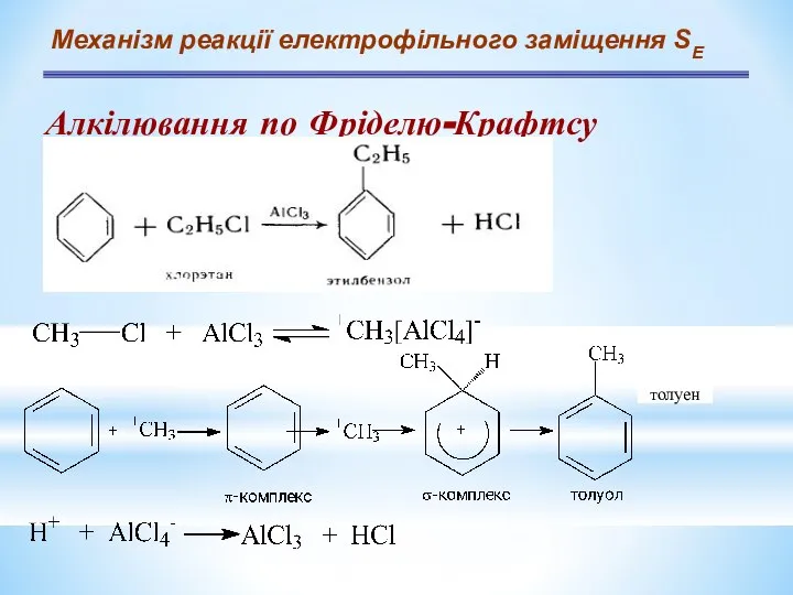 Механізм реакції електрофільного заміщення SЕ Алкілювання по Фріделю-Крафтсу толуен