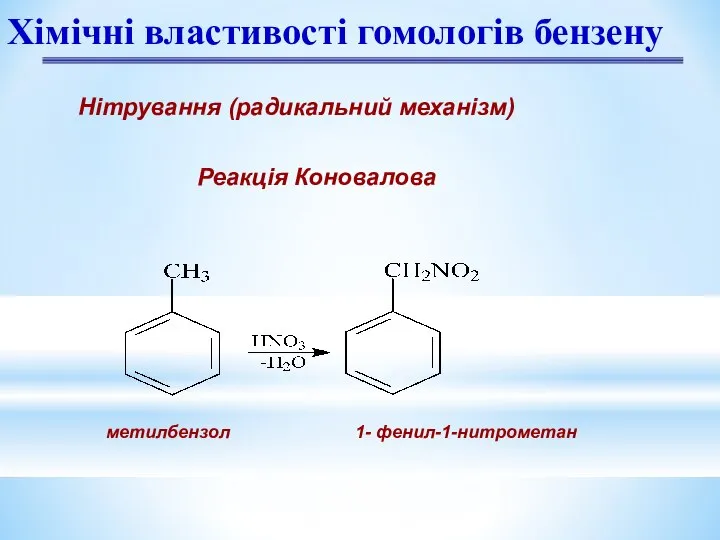 Нітрування (радикальний механізм) Реакція Коновалова Хімічні властивості гомологів бензену метилбензол 1- фенил-1-нитрометан