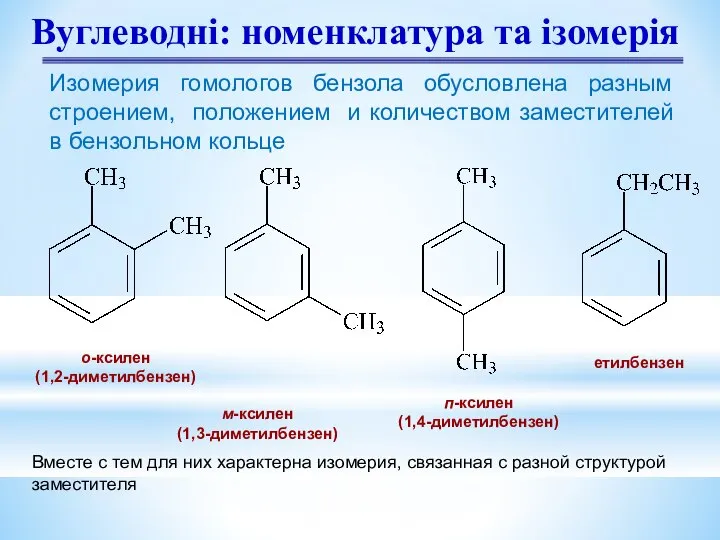 Вуглеводні: номенклатура та ізомерія о-ксилен (1,2-диметилбензен) м-ксилен (1,3-диметилбензен) п-ксилен (1,4-диметилбензен) етилбензен