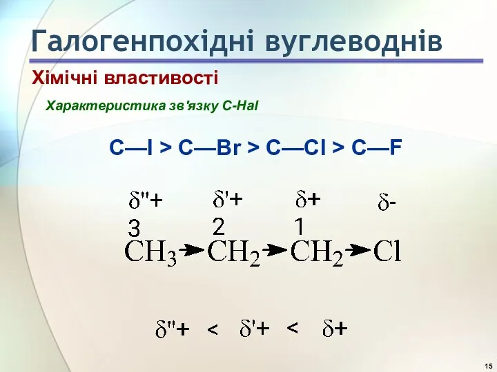 Характеристика зв′язку C-Hal С—I > С—Вr > C—CI > C—F Хімічні властивості Галогенпохідні вуглеводнів