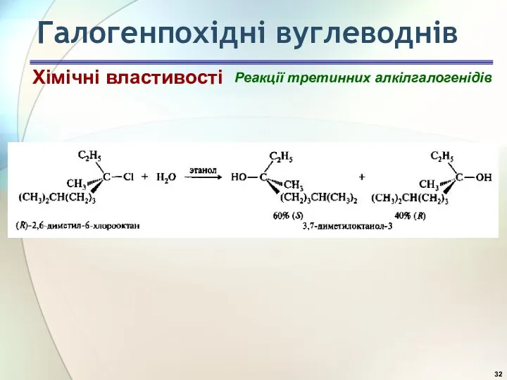 Галогенпохідні вуглеводнів Реакції третинних алкілгалогенідів Хімічні властивості