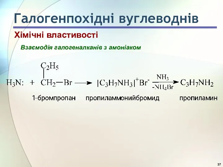 Взаємодія галогеналканів з амоніаком Хімічні властивості Галогенпохідні вуглеводнів