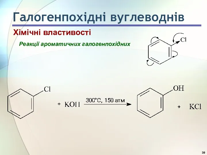 Реакції ароматичних галогенпохідних Хімічні властивості Галогенпохідні вуглеводнів