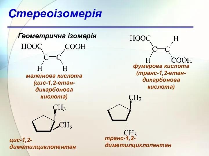 Геометрична ізомерія малеїнова кислота (цис-1,2-етан- дикарбонова кислота) фумарова кислота (транс-1,2-етан- дикарбонова кислота) цис-1,2-диметилциклопентан транс-1,2-диметилциклопентан Стереоізомерія