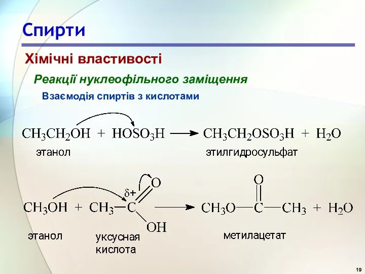 Спирти Реакції нуклеофільного заміщення Взаємодія спиртів з кислотами Хімічні властивості