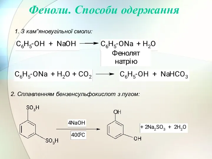 1. З кам”яновугільної смоли: 2. Сплавленням бензенсульфокислот з лугом: Феноли. Способи одержання