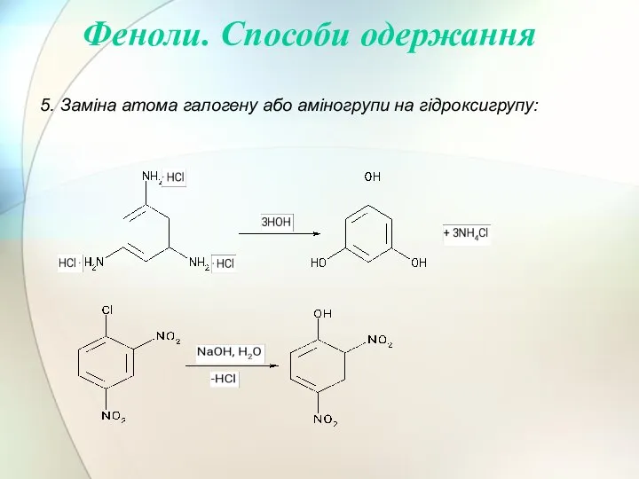 5. Заміна атома галогену або аміногрупи на гідроксигрупу: Феноли. Способи одержання