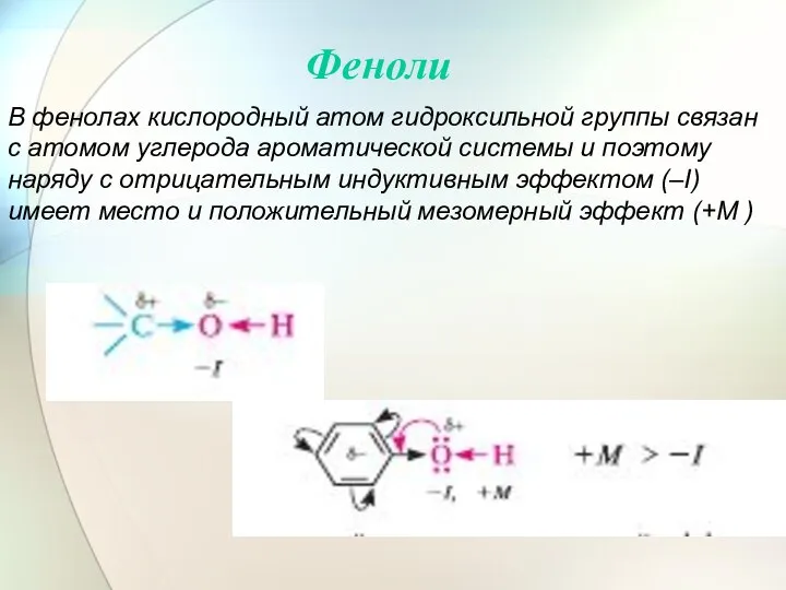 Феноли В фенолах кислородный атом гидроксильной группы связан с атомом углерода