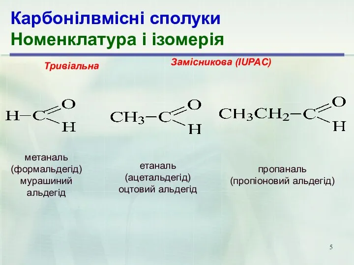 Карбонілвмісні сполуки Номенклатура і ізомерія метаналь (формальдегід) мурашиний альдегід етаналь (ацетальдегід)