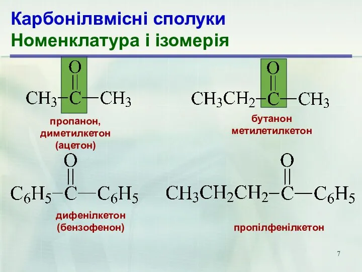 Карбонілвмісні сполуки Номенклатура і ізомерія бутанон метилетилкетон пропанон, диметилкетон (ацетон) дифенілкетон (бензофенон) пропілфенілкетон