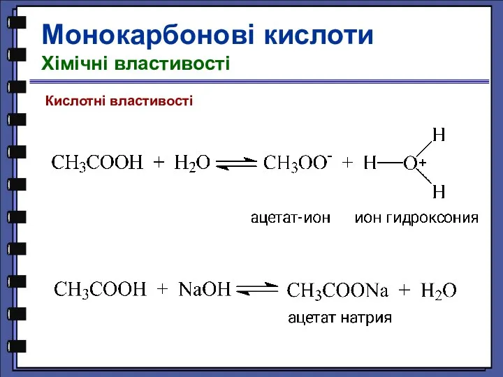 Кислотні властивості Монокарбонові кислоти Хімічні властивості