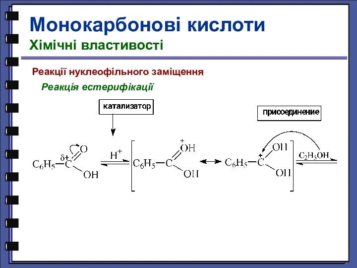 Реакції нуклеофільного заміщення Реакція естерифікації Монокарбонові кислоти Хімічні властивості