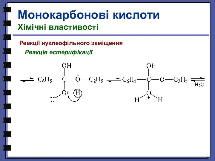 Реакції нуклеофільного заміщення Реакція естерифікації Монокарбонові кислоти Хімічні властивості