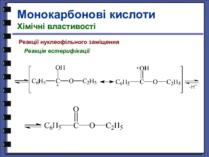 Реакції нуклеофільного заміщення Реакція естерифікації Монокарбонові кислоти Хімічні властивості