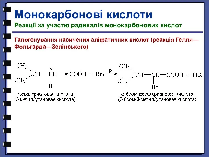 Монокарбонові кислоти Реакції за участю радикалів монокарбонових кислот Галогенування насичених аліфатичних кислот (реакція Гелля—Фольгарда—Зелінського)