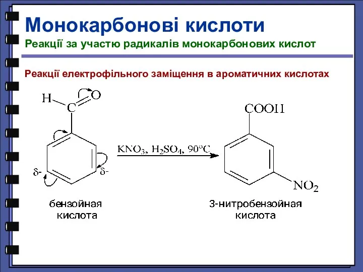 Реакції електрофільного заміщення в ароматичних кислотах Монокарбонові кислоти Реакції за участю радикалів монокарбонових кислот