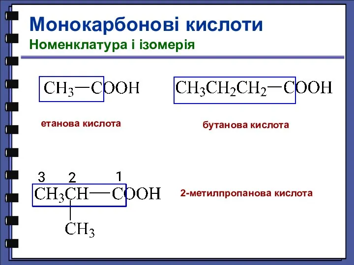 Монокарбонові кислоти Номенклатура і ізомерія етанова кислота бутанова кислота 2-метилпропанова кислота