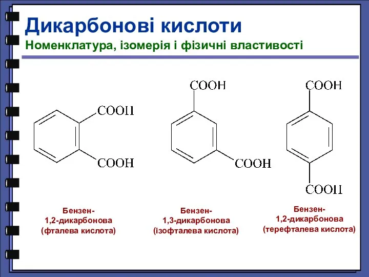 Дикарбонові кислоти Номенклатура, ізомерія і фізичні властивості Бензен- 1,2-дикарбонова (фталева кислота)