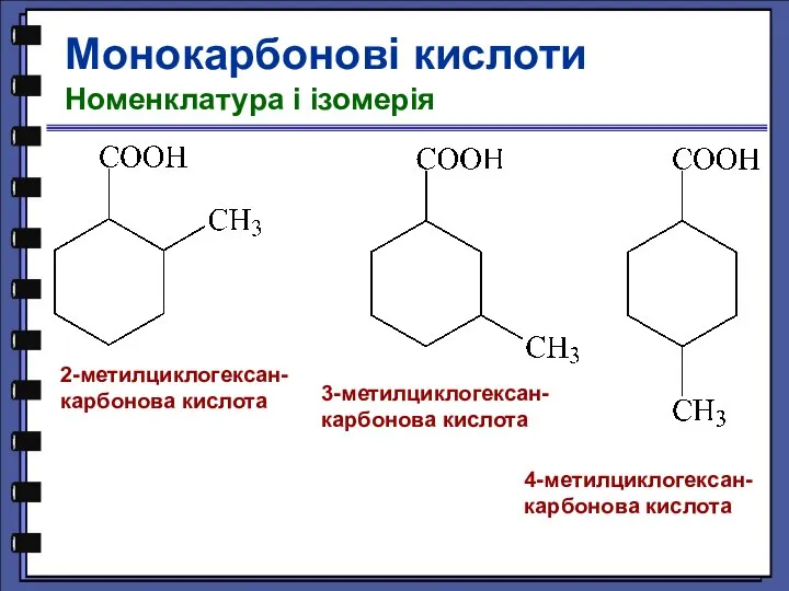 Монокарбонові кислоти Номенклатура і ізомерія 2-метилциклогексан- карбонова кислота 3-метилциклогексан- карбонова кислота 4-метилциклогексан- карбонова кислота