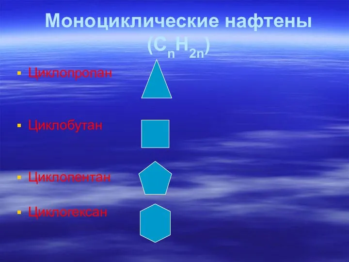 Циклопропан Циклобутан Циклопентан Циклогексан Моноциклические нафтены (СnH2n)