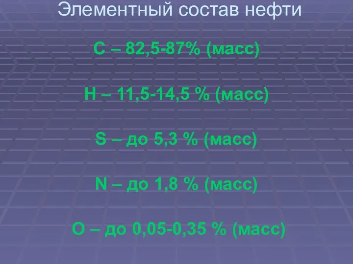 Элементный состав нефти С – 82,5-87% (масс) Н – 11,5-14,5 %