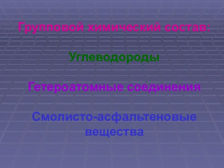 Групповой химический состав: Углеводороды Гетероатомные соединения Смолисто-асфальтеновые вещества