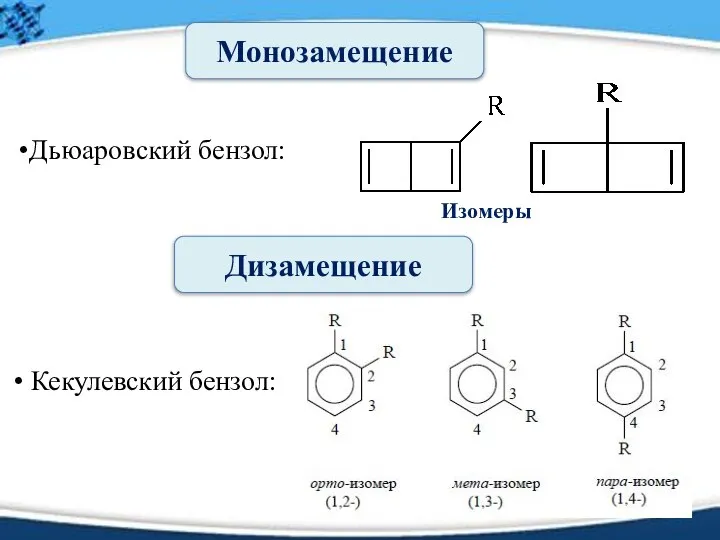 Дьюаровский бензол: Изомеры Монозамещение Дизамещение Кекулевский бензол: