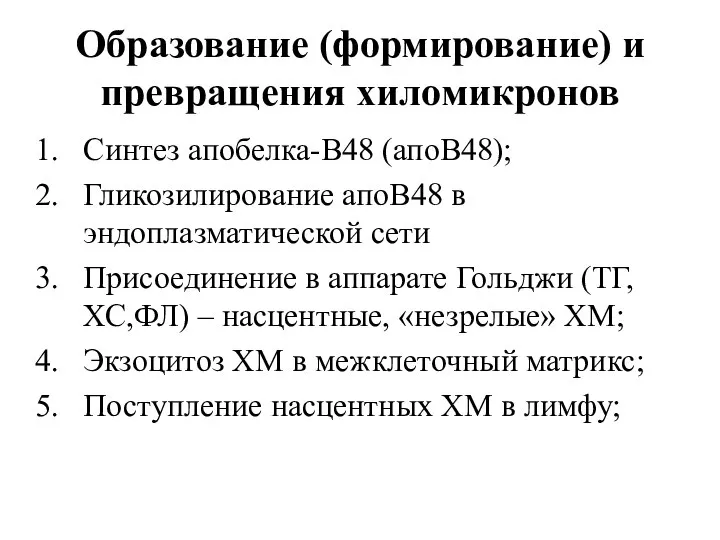 Образование (формирование) и превращения хиломикронов Синтез апобелка-В48 (апоВ48); Гликозилирование апоВ48 в