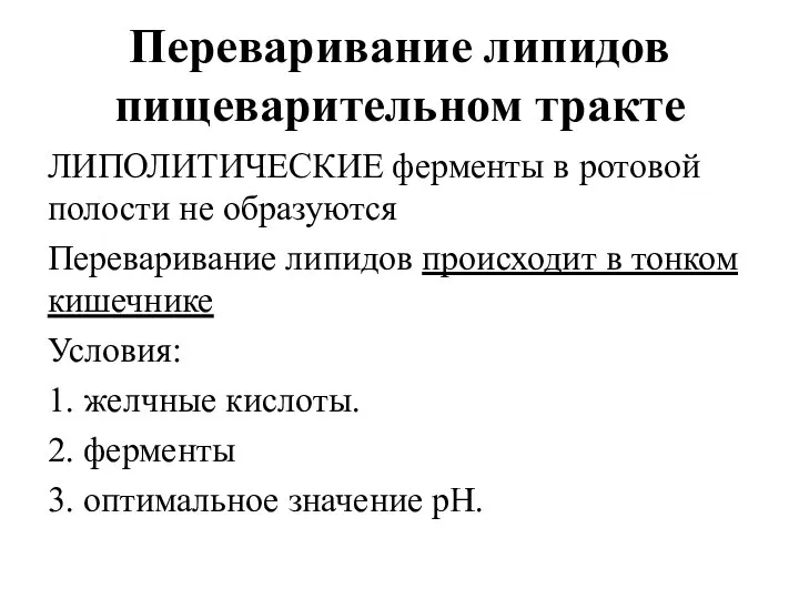 Переваривание липидов пищеварительном тракте ЛИПОЛИТИЧЕСКИЕ ферменты в ротовой полости не образуются