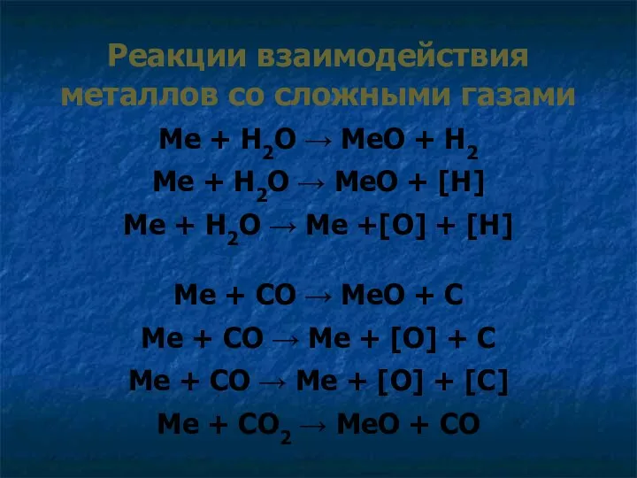 Реакции взаимодействия металлов со сложными газами Me + H2O → MeO