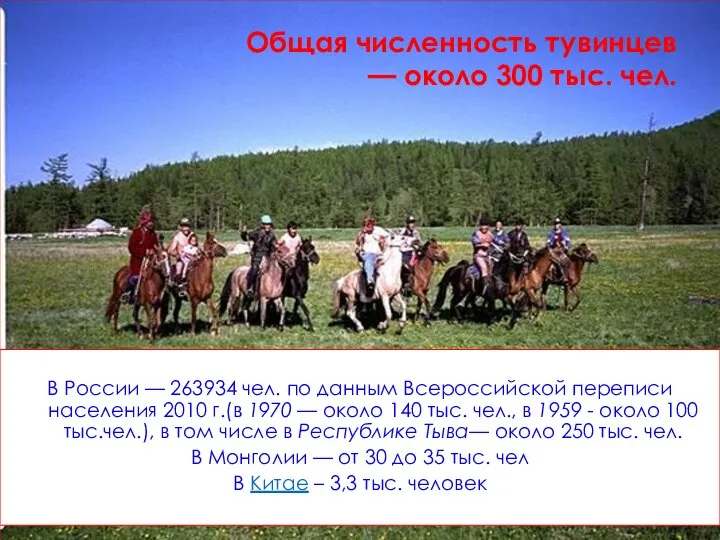 Общая численность тувинцев — около 300 тыс. чел. В России —