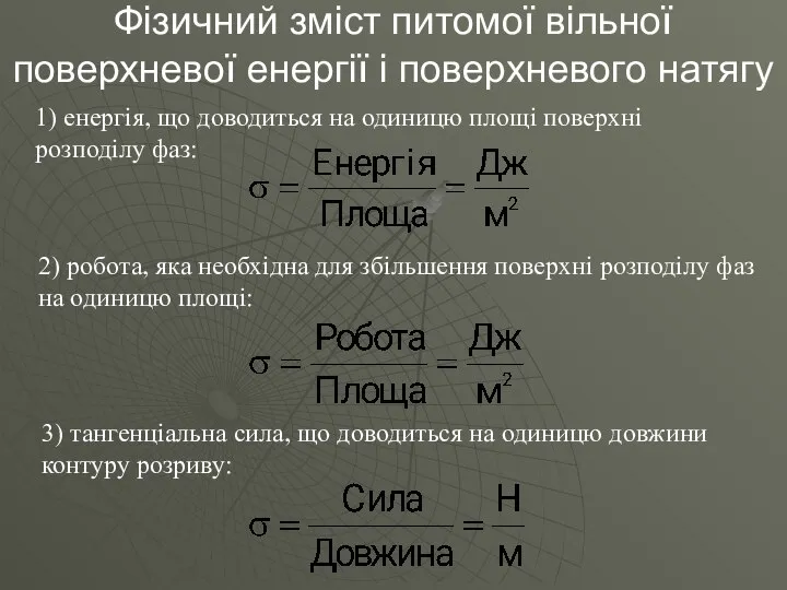 Фізичний зміст питомої вільної поверхневої енергії і поверхневого натягу 2) робота,