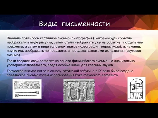 Вначале появилось картинное письмо (пиктография): какое-нибудь событие изображали в виде рисунка,