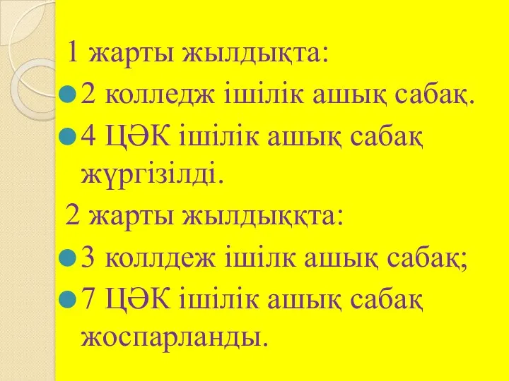 1 жарты жылдықта: 2 колледж ішілік ашық сабақ. 4 ЦӘК ішілік