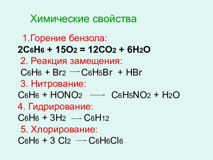 Химические свойства 1.Горение бензола: 2С6Н6 + 15О2 = 12СО2 + 6Н2О
