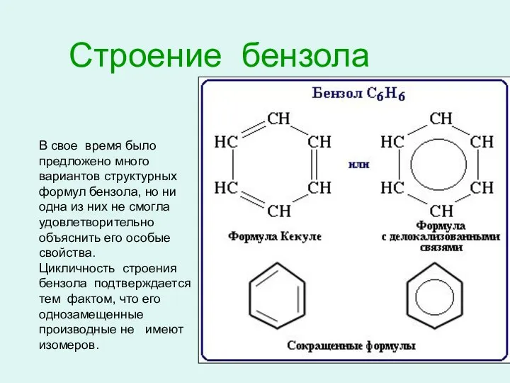 Строение бензола В свое время было предложено много вариантов структурных формул