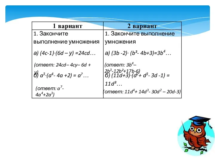 (ответ: 24cd– 4cy– 6d + у) (ответ: a7- 4a4+2a3) (ответ: 3b4–