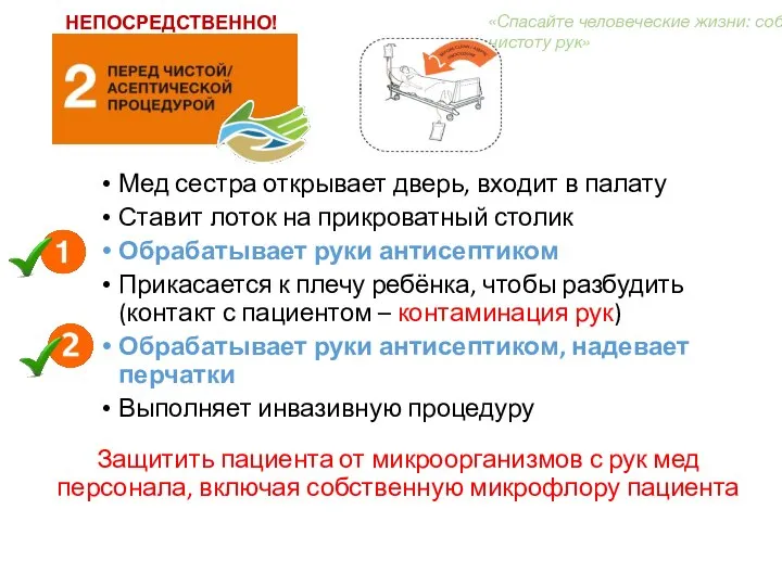 Мед сестра открывает дверь, входит в палату Ставит лоток на прикроватный