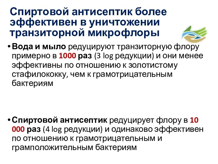 Вода и мыло редуцируют транзиторную флору примерно в 1000 раз (3