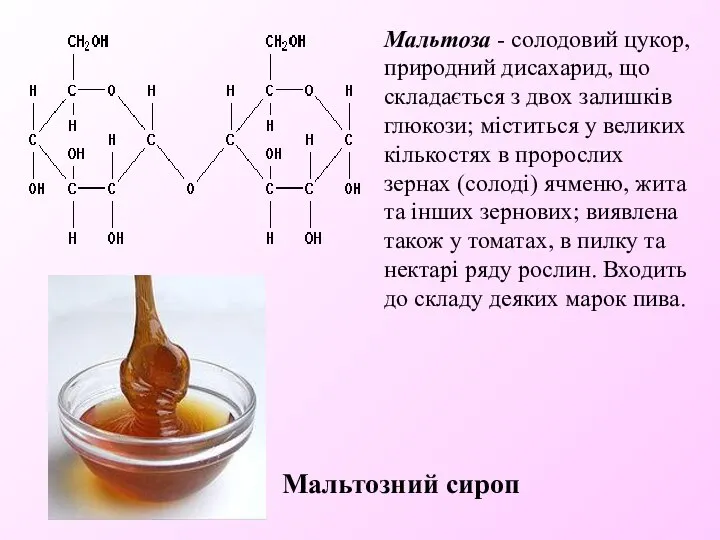Мальтозний сироп Мальтоза - солодовий цукор, природний дисахарид, що складається з