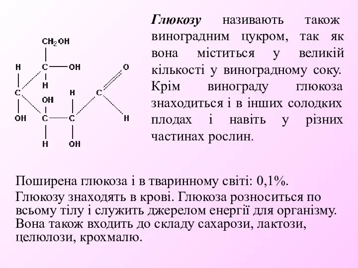 Глюкозу називають також виноградним цукром, так як вона міститься у великій