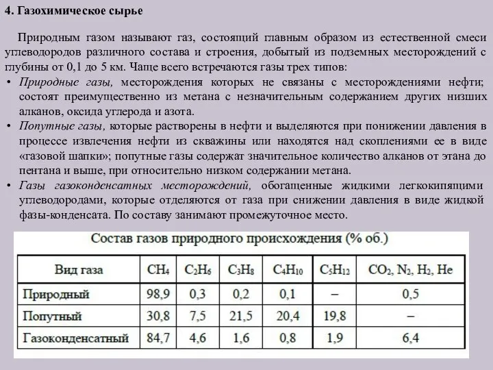 4. Газохимическое сырье Природным газом называют газ, состоящий главным образом из