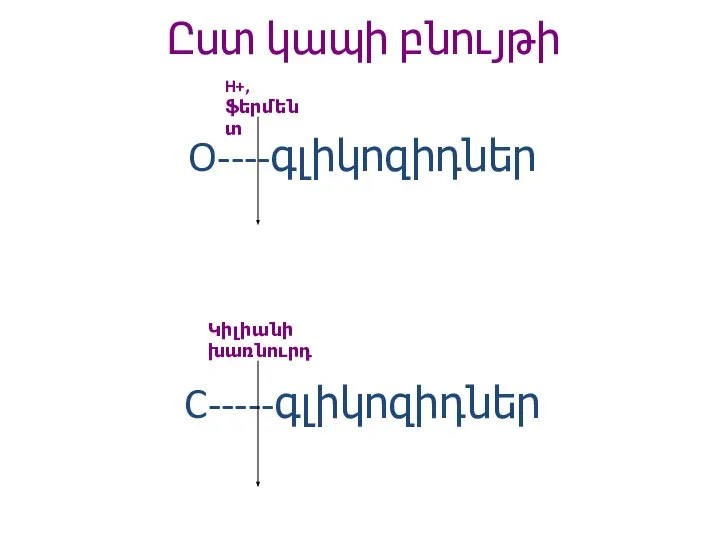 Ըստ կապի բնույթի O----գլիկոզիդներ C-----գլիկոզիդներ H+, ֆերմենտ Կիլիանի խառնուրդ