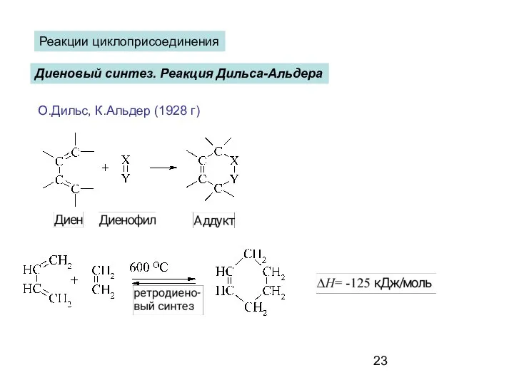 Диеновый синтез. Реакция Дильса-Альдера Реакции циклоприсоединения О.Дильс, К.Альдер (1928 г)